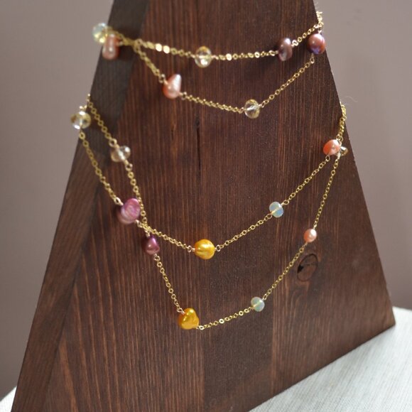 Long Pearl and Gemstone Wrap Necklace in Gold - Picture 3 of 10